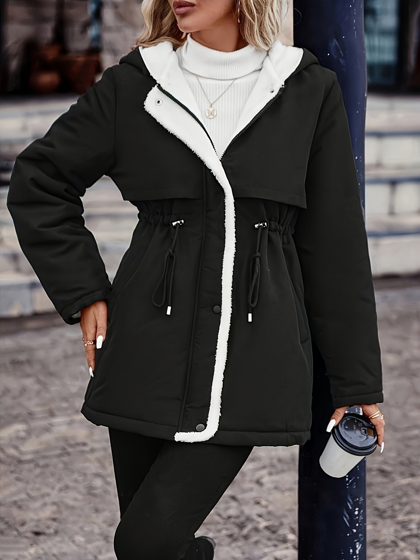 [Cozy Fleece-Lined Winter Coat] Warm, Thick Women's Cozy Fleece-Lined Hooded Winter Coat | Zip-Up Hood & Drawstring Waist | Black, Perfect for Cold Weather, Winter Jacket