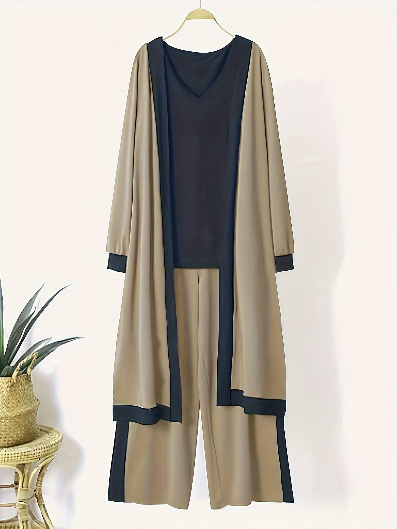 Chic Color Block Three-Piece Outfit Set - Comfy Cardigan, Flattering V-Neck Tops & Flowy Pants - Womens Casual Fashion Wardrobe Staple
