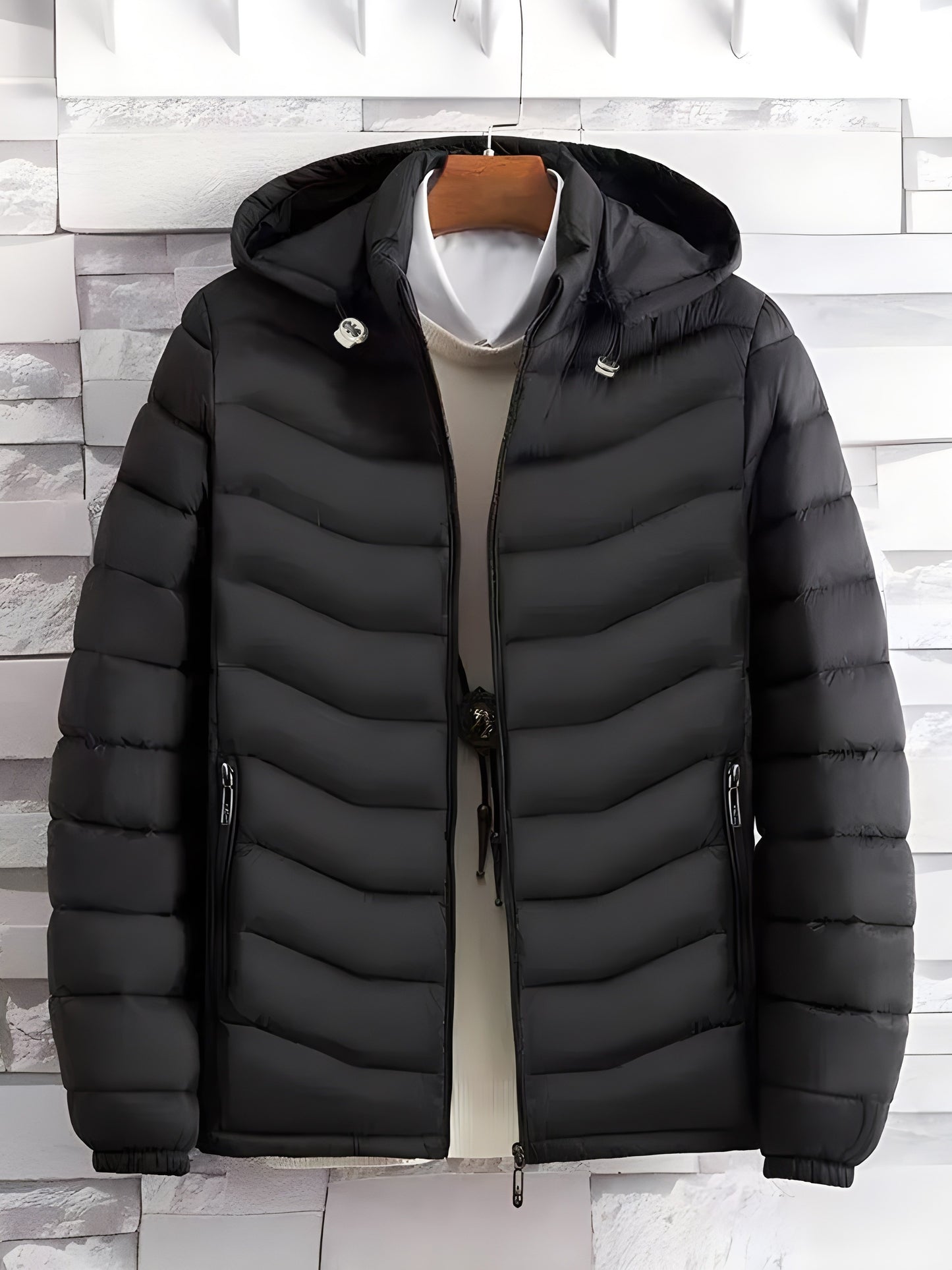 Men's Elegant Hooded Winter Jacket - Warm, Windproof with Removable Hood & Zipper Pockets