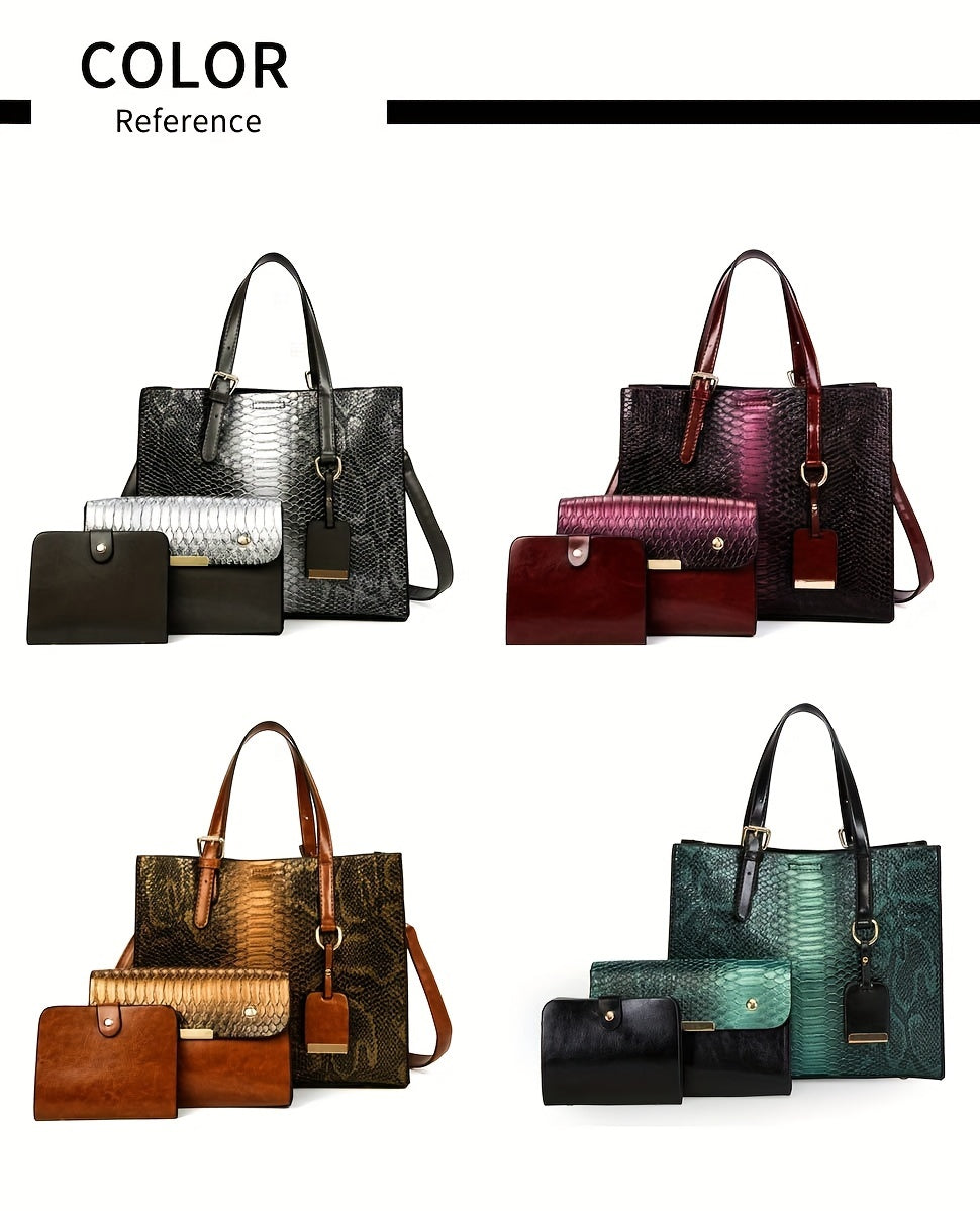 [Vintage Crocodile Handbags] 3-Piece Set Stylish Women's Faux Leather Handbags, Crocodile Pattern Tote With Matching Clutch & Wallet, Vintage Design Crossbody Bag