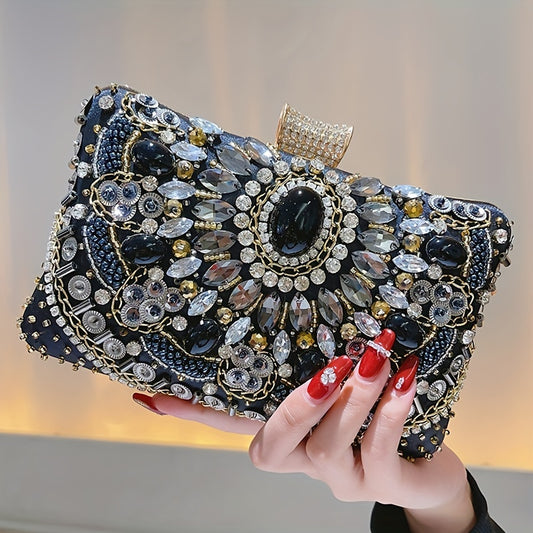 [One Beaded Rhinestone Evening Bag] Beaded Rhinestone Evening Bag, Elegant Box Clutch Purse, Women's Wedding Handbags For Party Prom