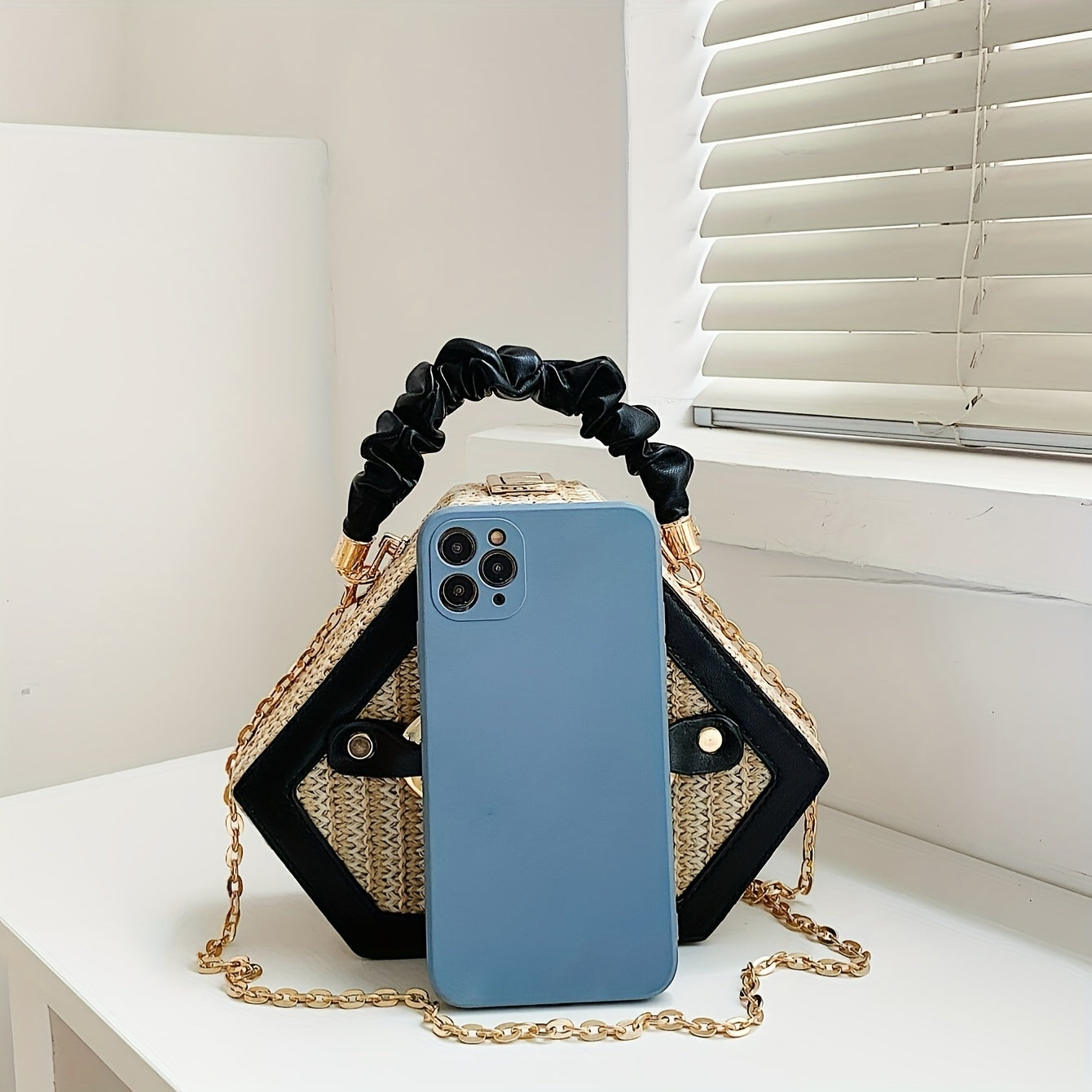 [Woven Handbag | Golden-Tone] Women's Woven Handbag | Golden-Tone Hardware & Chain Strap | Hexagonal Box Purse in Black/Beige | Durable Paper Material & Lining | Elegant Everyday & Formal Events | Crossbody or Handheld Bag |