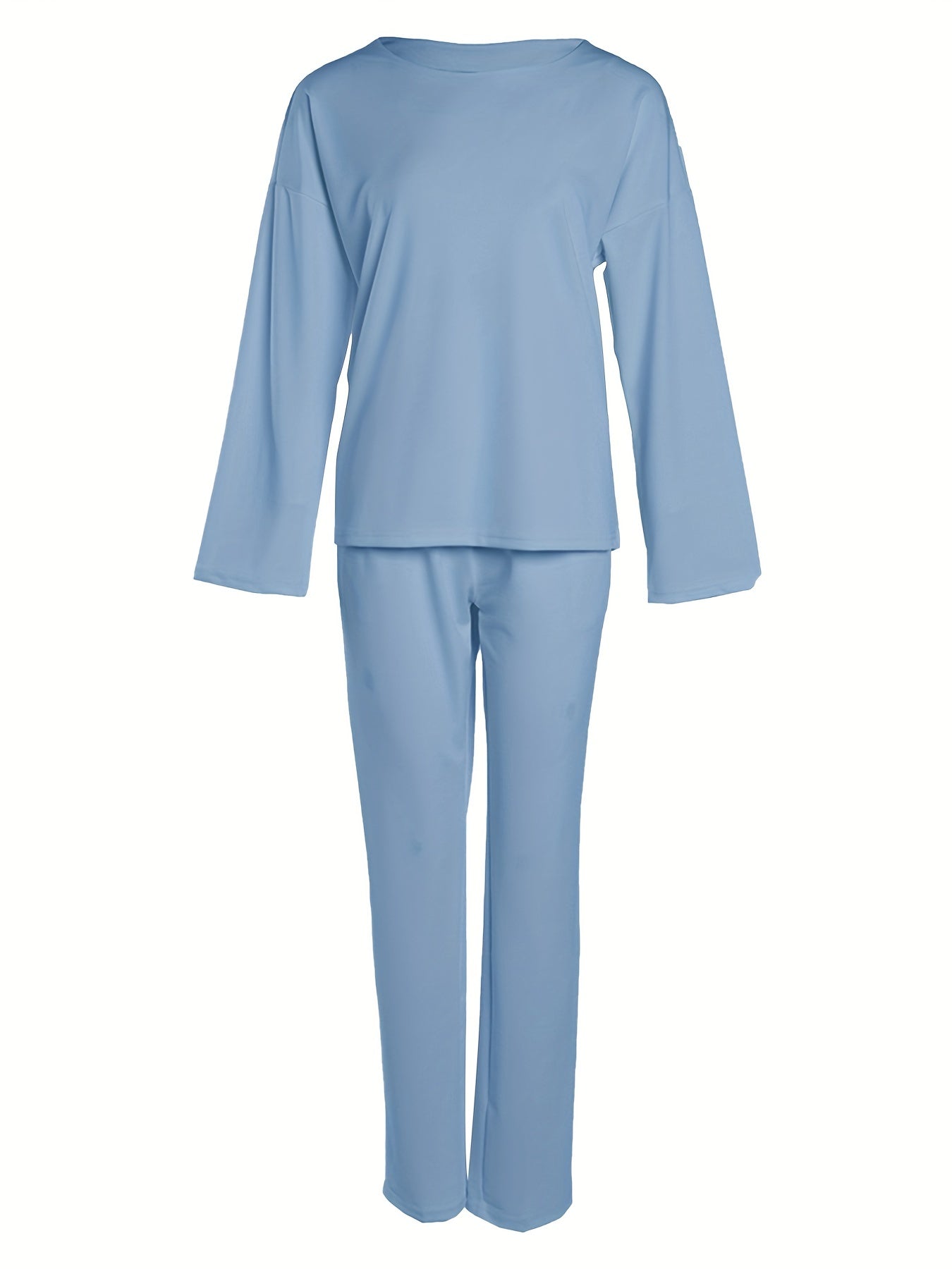 Solid Casual Two-piece Set, Crew Neck Long Sleeve Tops & Wide Leg Long Length Pants Outfits, Women's Clothing