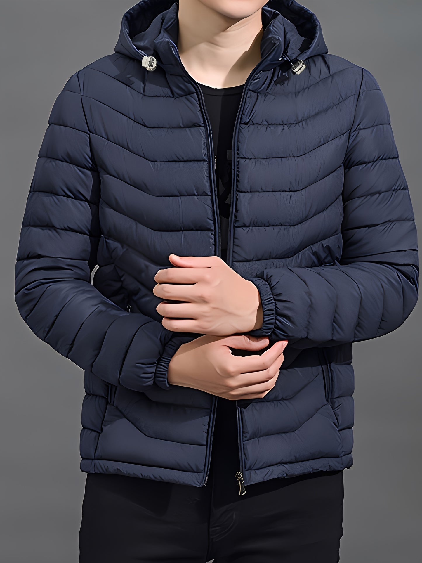 Men's Elegant Hooded Winter Jacket - Warm, Windproof with Removable Hood & Zipper Pockets