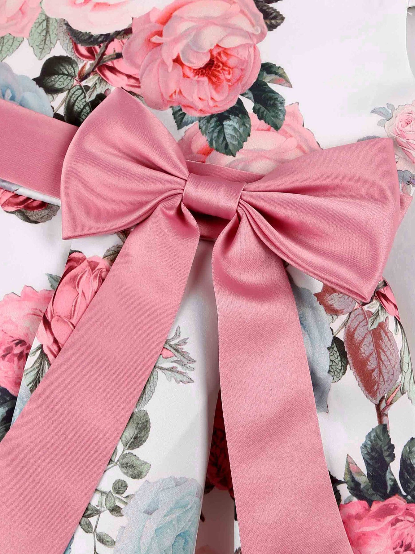 Children Eden Girls' Elegant Rose Floral Print A-Line Party Dress with Ruffled Short Sleeves & Ribbon Bow - Pink & Beige Floral Print, Slim-Fit Waist, Machine Washable, All-Season Wear for Weddings, Easter, Birthdays (Ages 3-