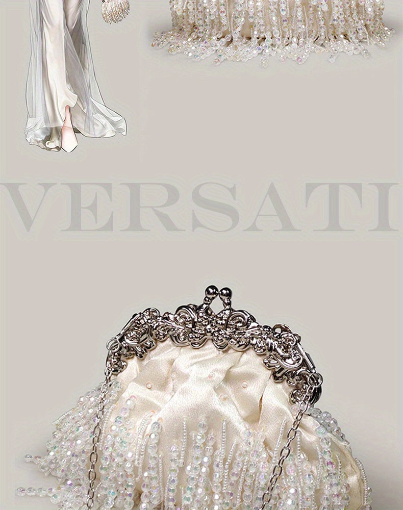 Beaded Crystal Evening Bag For Women, Tassel Decor Kiss Lock Clutch Purse, Elegant Satin Handbags For Wedding Prom Party
