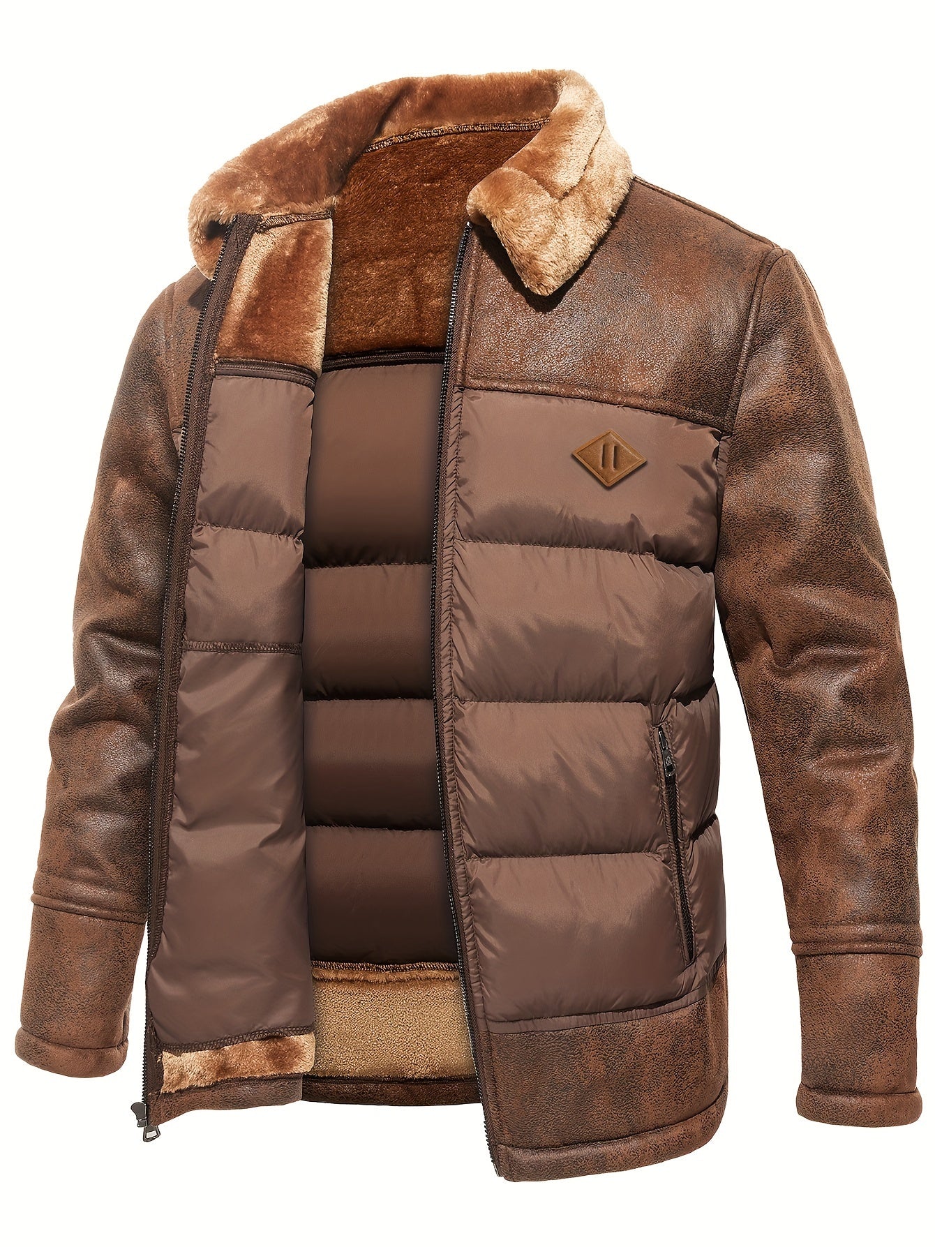 Men's Casual Winter Jacket - Warm Fleece-Lined Coat with Zippered Pockets, Brown & Beige Design, Perfect for Outdoor Activities & Casual Attire, Cold Weather Gear | Sleek Look | Suedelike Finish, Winter Clothes