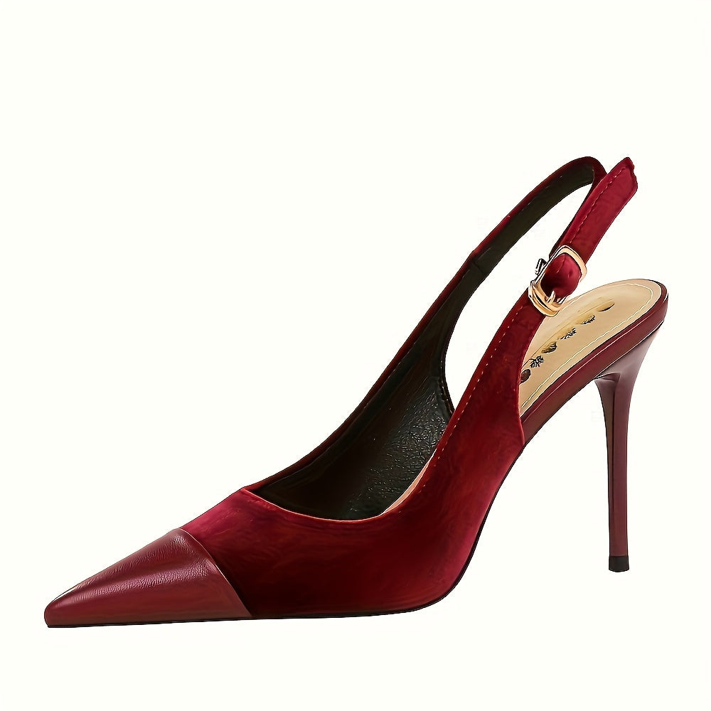 [Velvet High Heels] Velvet High Heels Women's Shoes - Thickened Velvet Patchwork Pointed Toe Hollow Back Buckle Single Shoes with Light Mouth