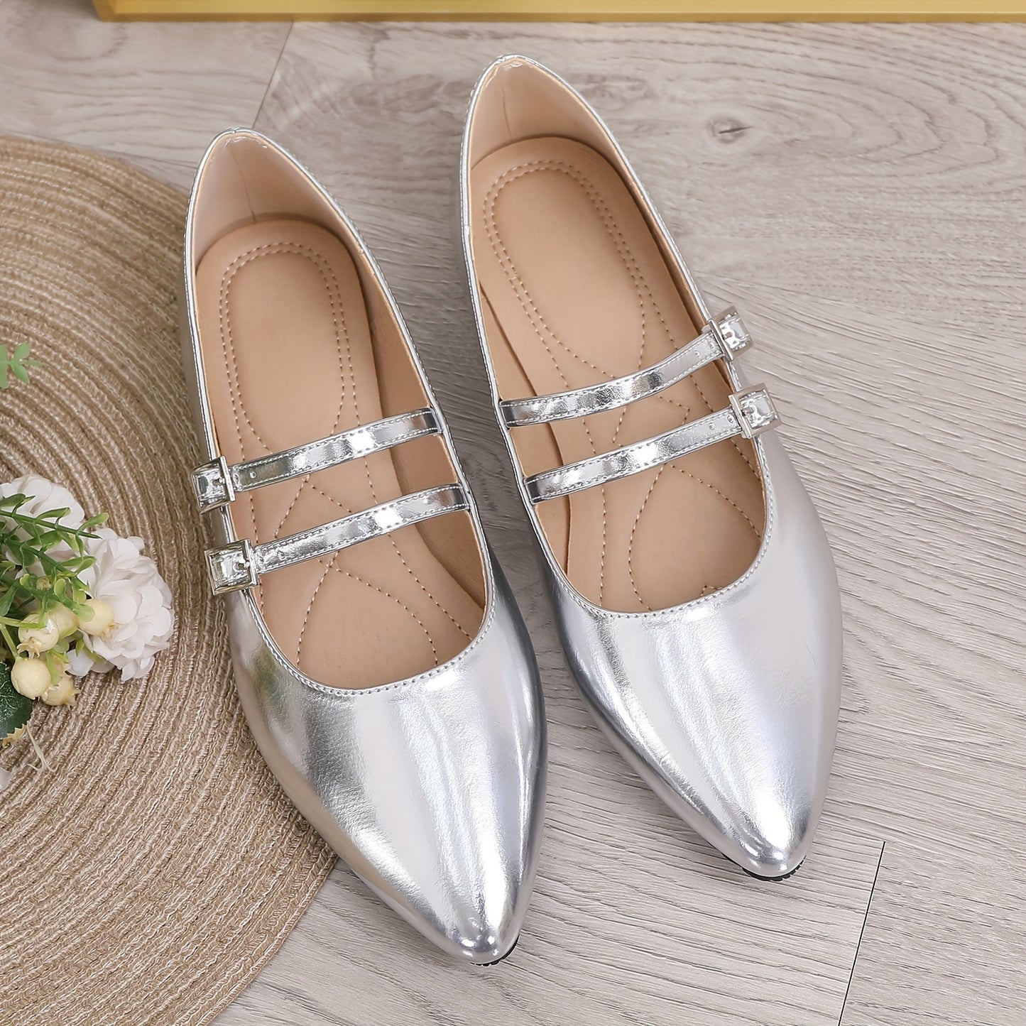 Pointed Red Single Shoes for Women Mary Jane Flat Versatile Retro Soft Cover with One-Word Buckle and Airy Choker Light Mouth Golden French Women's Shoes