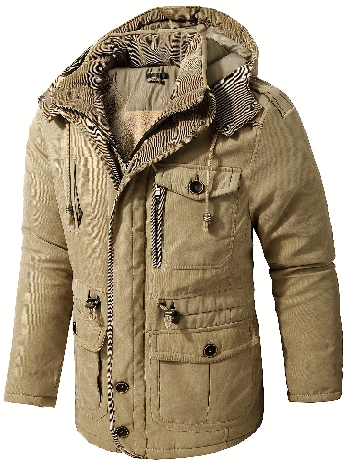 Men's Warm Thick Hooded Winter Jacket, Casual Chic Multi Pocket Cargo Jacket