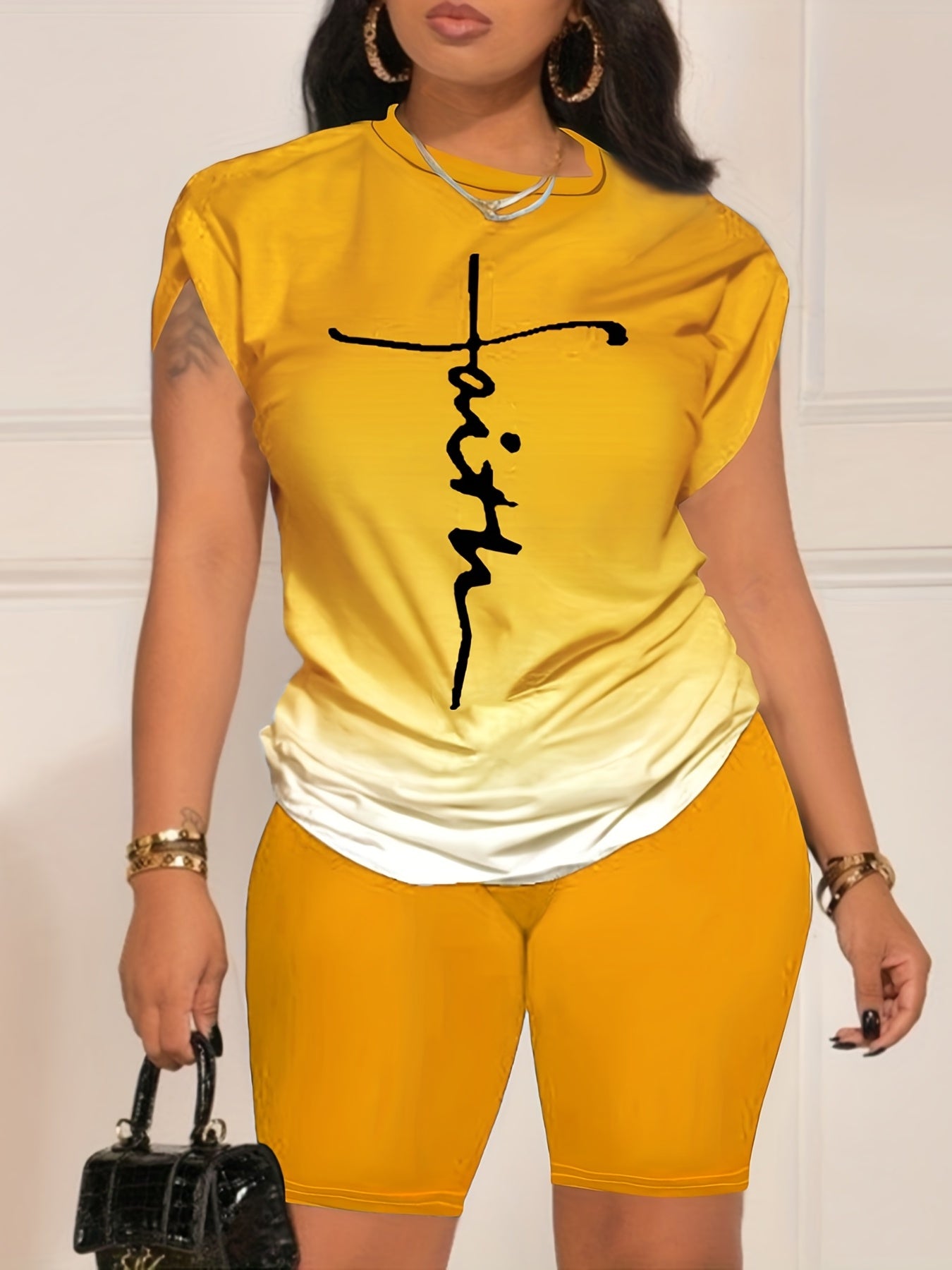 Casual Daily Two-piece Set, Faith Letter Print Short Sleeve Tops & Solid Shorts Outfits, Women's Clothing