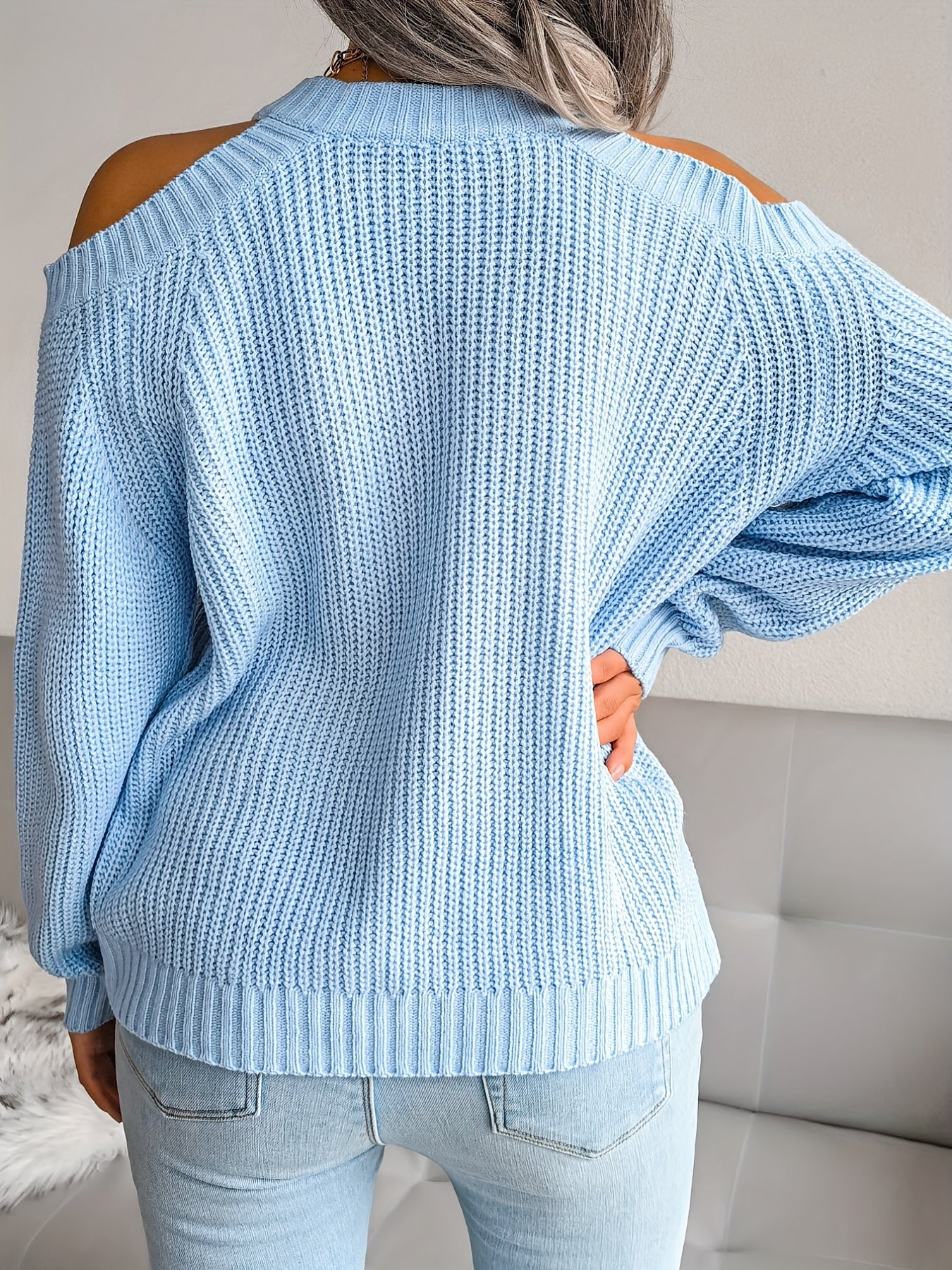 Casual Cold Shoulder Crew Neck Knitted Tops - Solid Color Pullover Sweaters for Women - Everyday Wear
