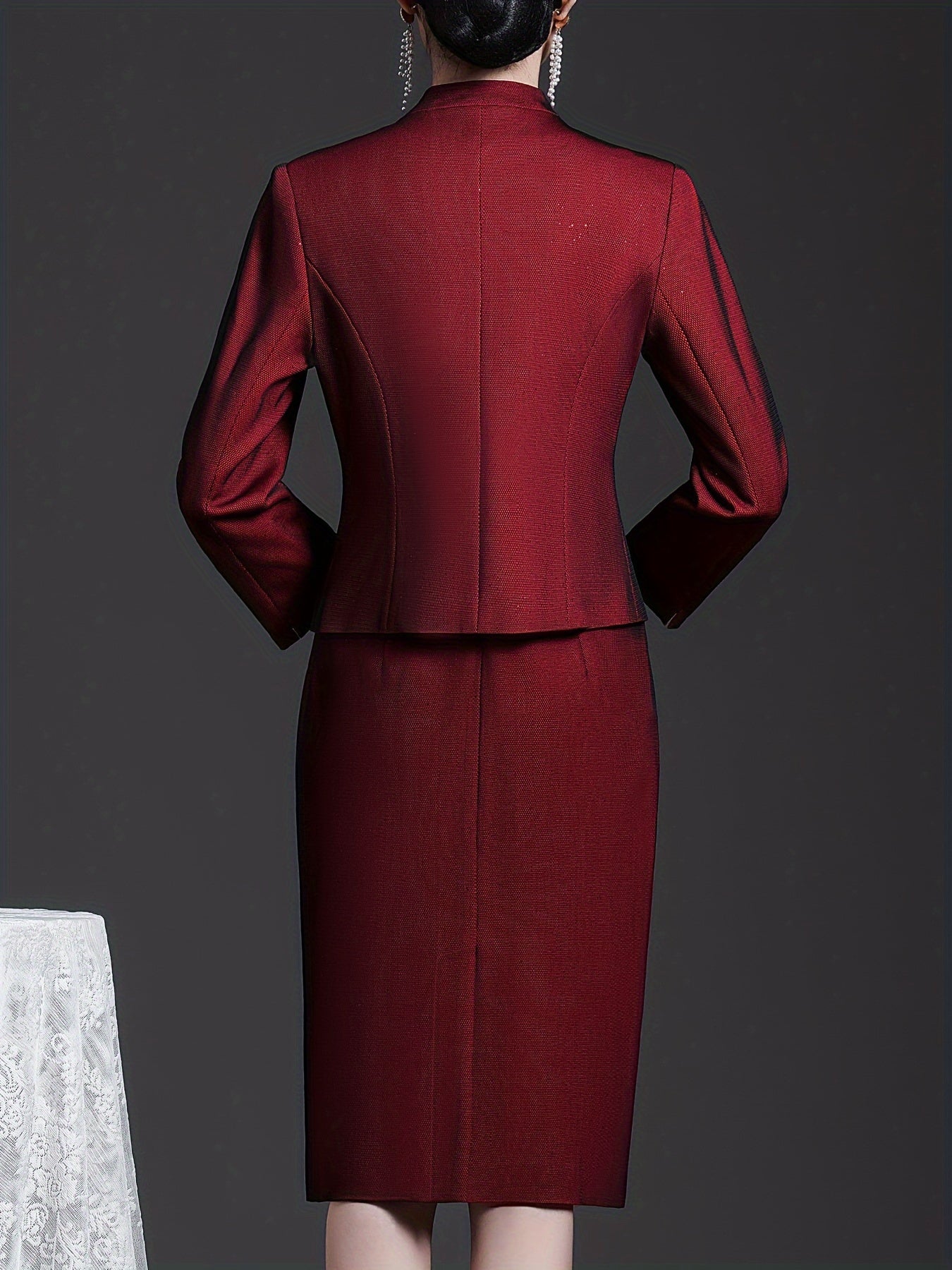 Wine Red Two-piece Dress Set Elegant Slim, Long Sleeve Coat Embroidered Top And Sleeveless Sundress Women