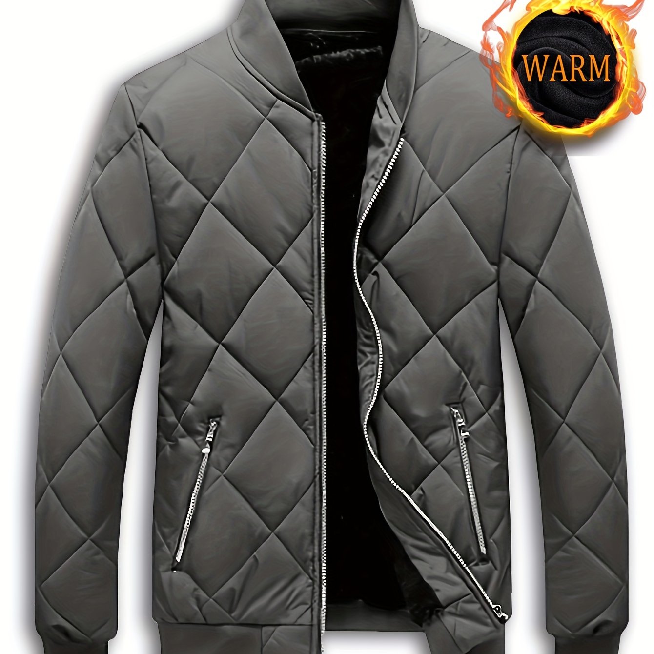 Cozy Fleece Winter Jacket - Quilted, Baseball Collar, Zipper Pockets, Water-Resistant, Breathable, Soft, Men's Casual Coat for Outdoor Activities