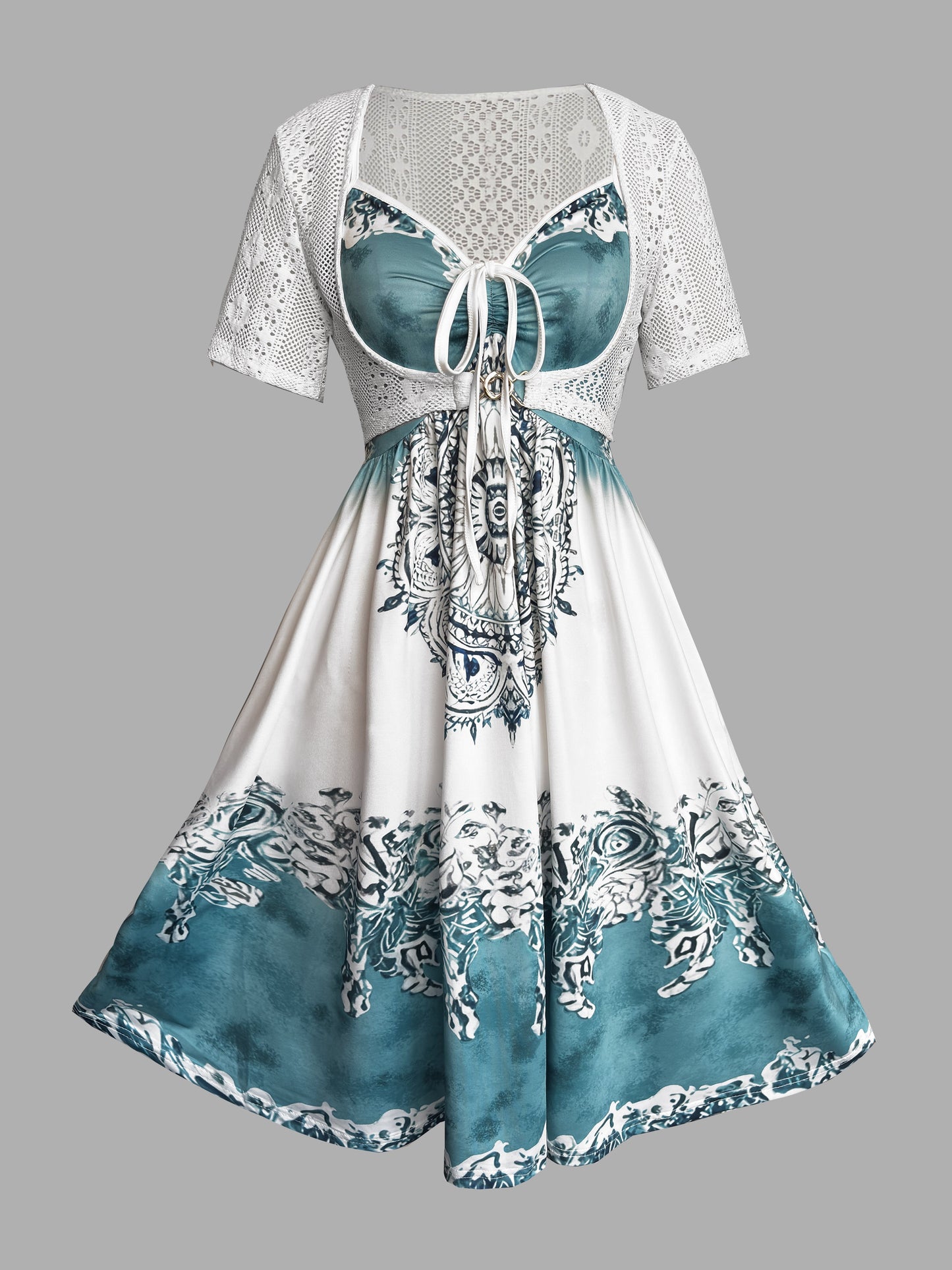 Vacation Ethnic Positioning Print Strap Skirt with Crochet Hollow Lace Short Outerwear Dress Two-Piece Set, Totem Print Vacation Two-Piece Dress Set, Spring and Summer Wearable Dress Two-Piece Set