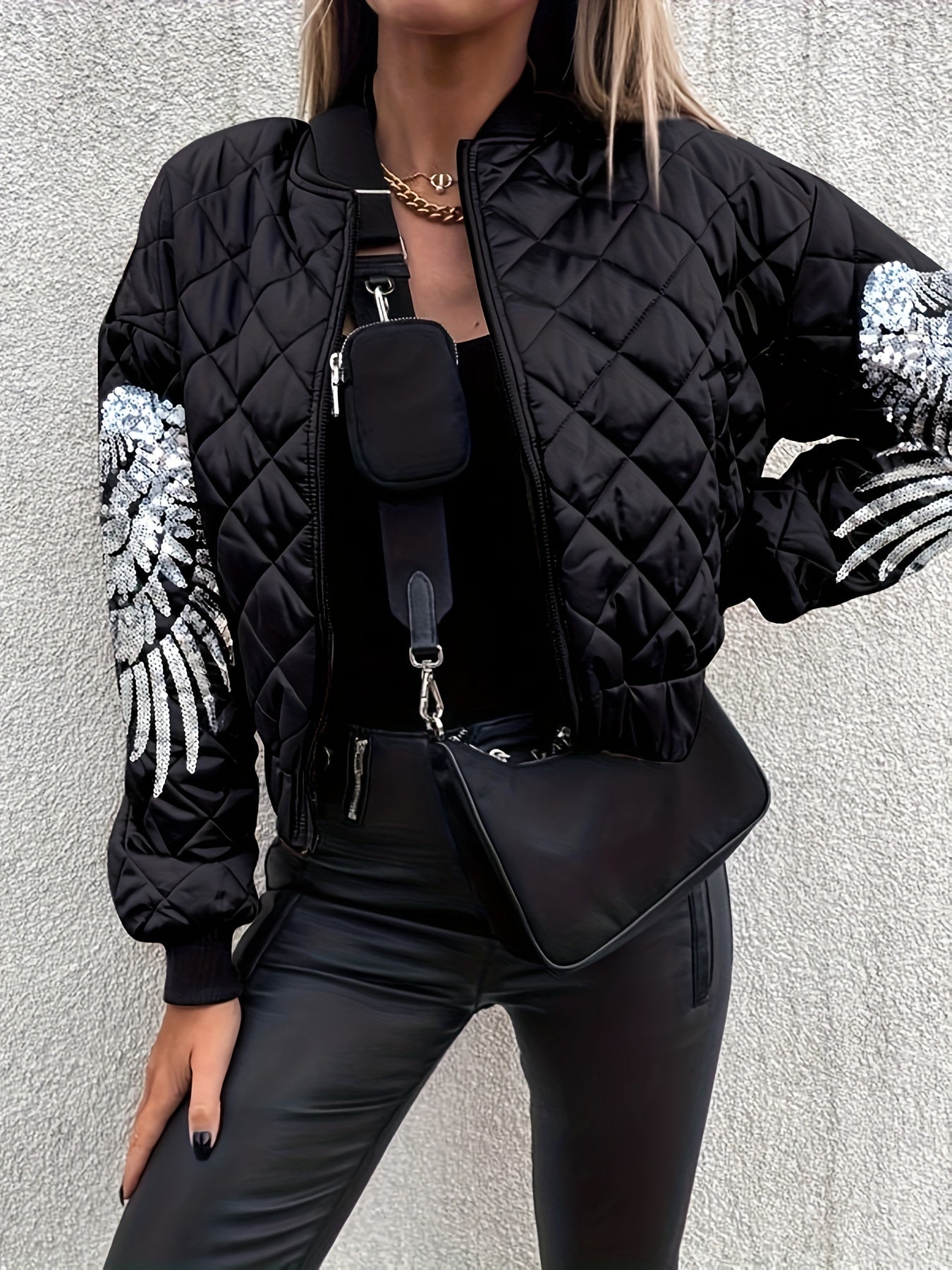 Stylish Black Quilted Winter Jacket with Sequin Sleeve Accents, Stand Collar, and Front Zipper - Polyester Casual Coat for Fall and Winter, Winter Clothes