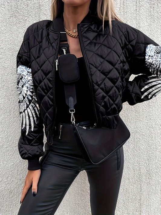 Stylish Black Quilted Winter Jacket with Sequin Sleeve Accents, Stand Collar, and Front Zipper - Polyester Casual Coat for Fall and Winter, Winter Clothes