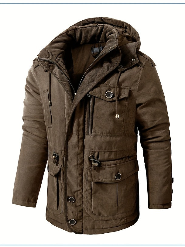Men's Warm Thick Hooded Winter Jacket, Casual Chic Multi Pocket Cargo Jacket