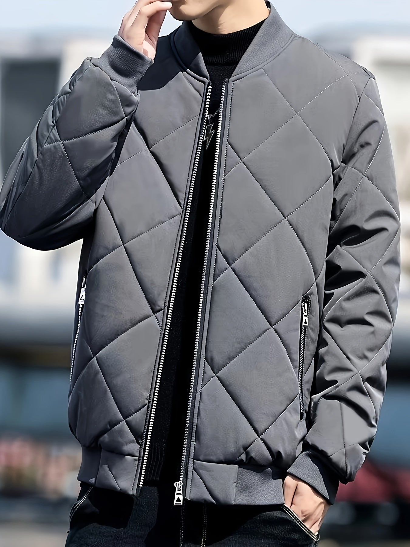 Cozy Fleece Winter Jacket - Quilted, Baseball Collar, Zipper Pockets, Water-Resistant, Breathable, Soft, Men's Casual Coat for Outdoor Activities