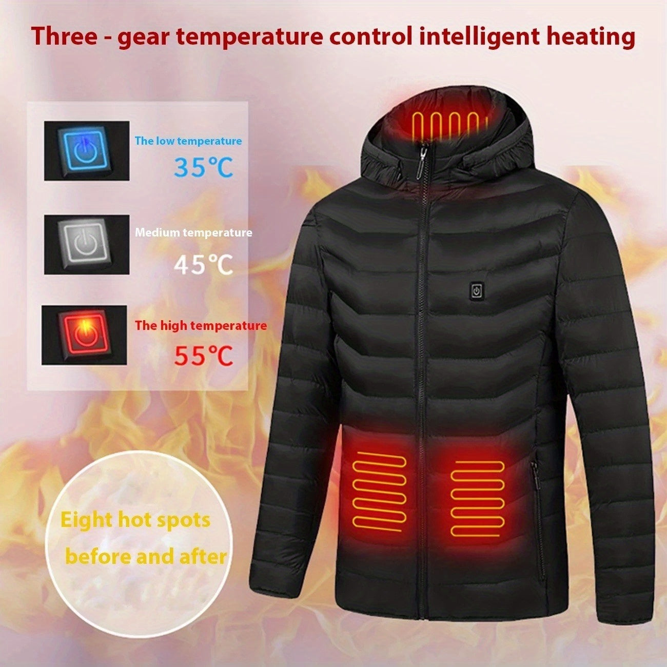 Men's Lightweight Heated Jacket - USB-Powered, Quilted Winter Coat with Adjustable Temperature Control, Zip-Up Hooded Design, Long Sleeves, Outdoor Warmth (Battery Not Included), Winter Jacket