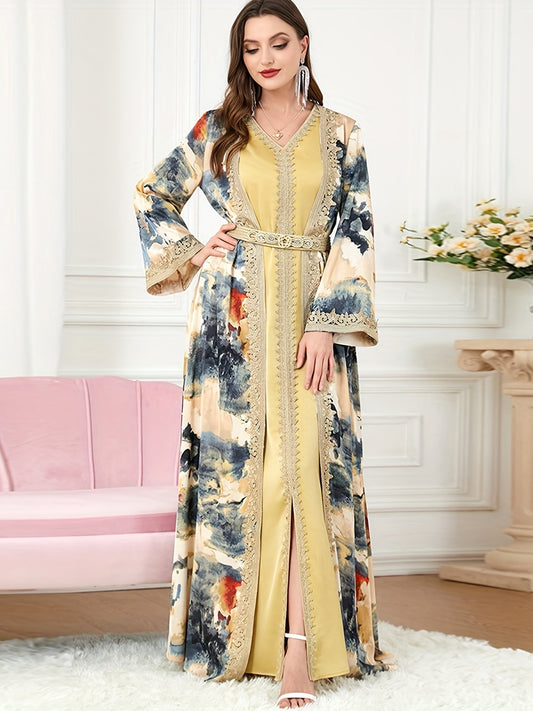 Turkish Kafan Women's Two-Piece Dress Set with V-Neck Satin Painting Kimono for Morocco Dubai Eid Fashion Dress to Show Slimming Temperament for Malaysia Indonesia Pakistan Party Long Robe