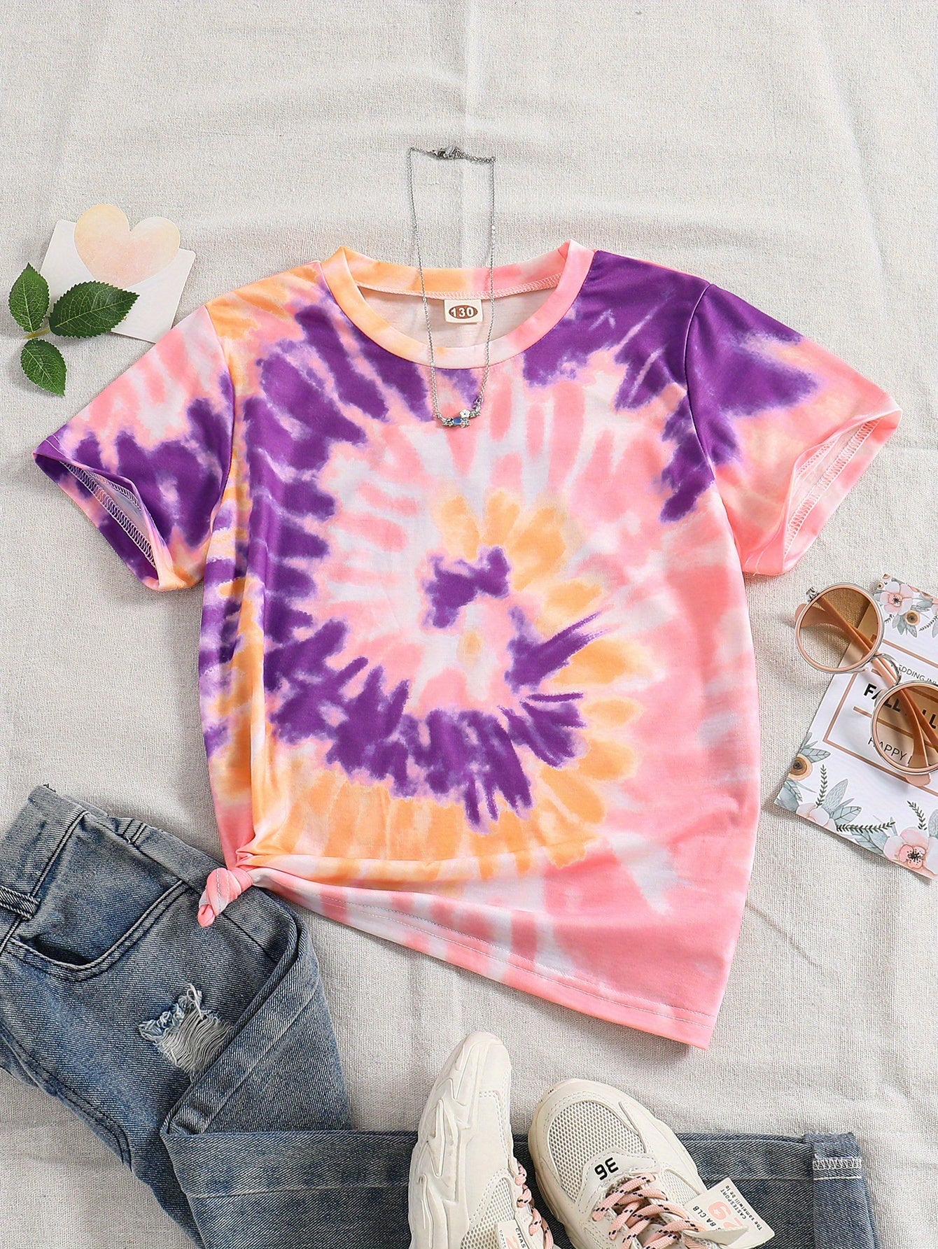 Vibrant Girls' Tie-Dye Graphic Crew Neck T-Shirt - Soft, Lightweight, and Comfortable Fit for Kids - Perfect Summer Tops Clothing for Casual Wear