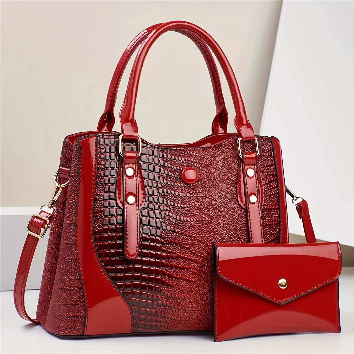 2-Piece Set Crocodile-Embossed PU Leather Handbags, Large Capacity Retro Style Bag, Fashionable Tote & Crossbody Bag For Women With Shoulder Strap