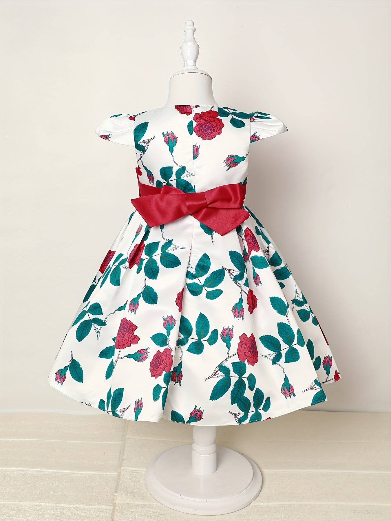 Children Eden Girls' Elegant Rose Floral Print A-Line Party Dress with Ruffled Short Sleeves & Ribbon Bow - Pink & Beige Floral Print, Slim-Fit Waist, Machine Washable, All-Season Wear for Weddings, Easter, Birthdays (Ages 3-