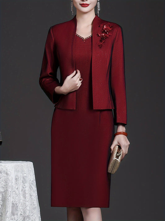 Wine Red Two-piece Dress Set Elegant Slim, Long Sleeve Coat Embroidered Top And Sleeveless Sundress Women