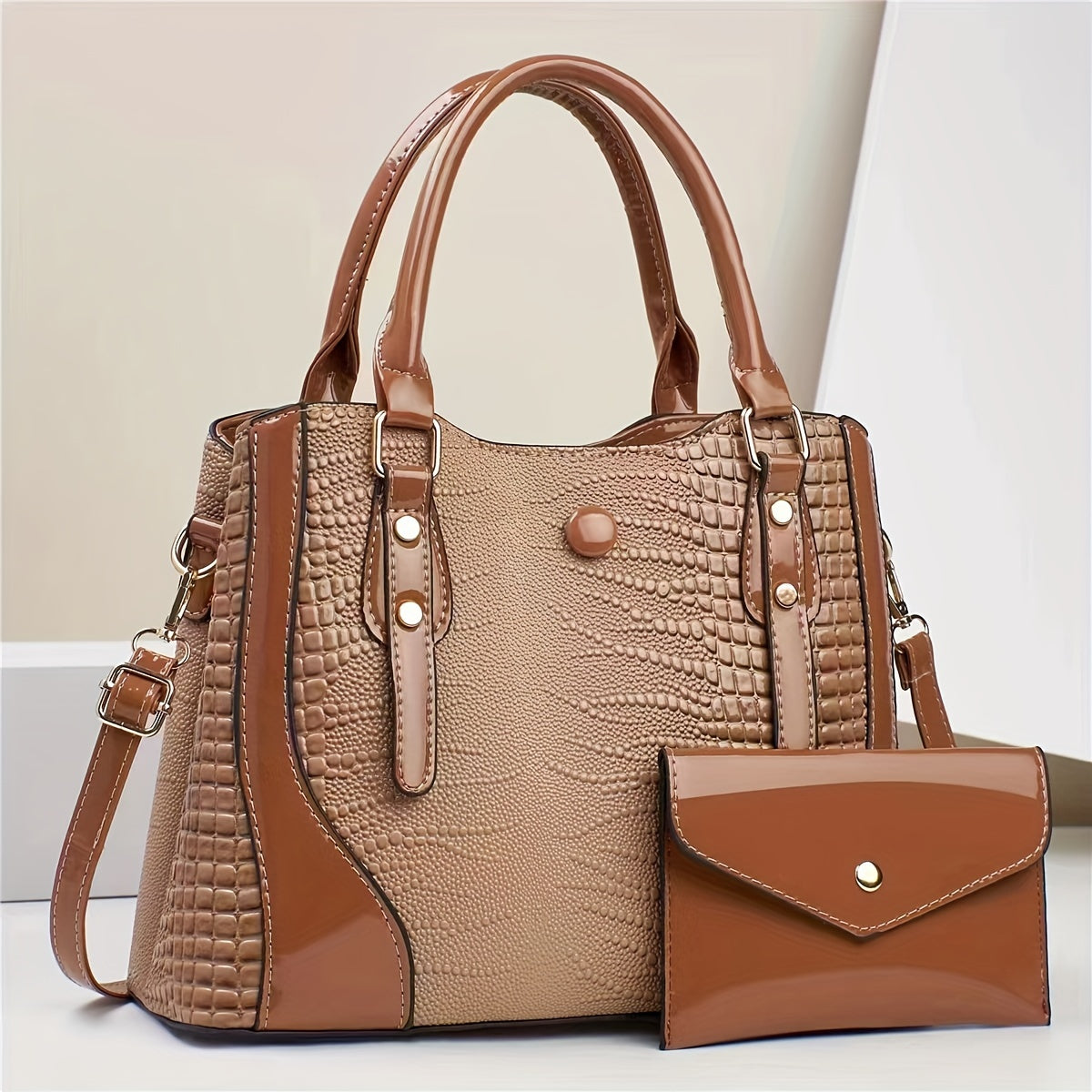 2-Piece Set Crocodile-Embossed PU Leather Handbags, Large Capacity Retro Style Bag, Fashionable Tote & Crossbody Bag For Women With Shoulder Strap
