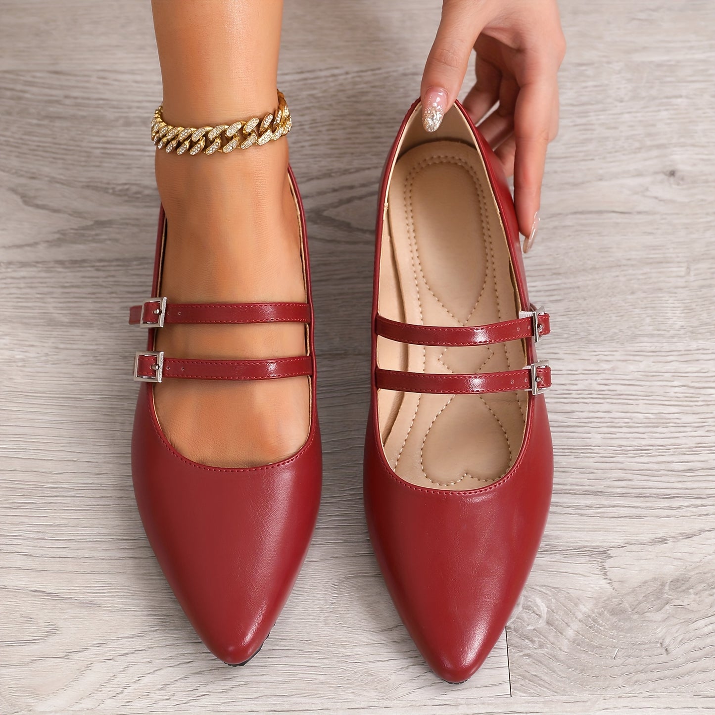 Pointed Red Single Shoes for Women Mary Jane Flat Versatile Retro Soft Cover with One-Word Buckle and Airy Choker Light Mouth Golden French Women's Shoes
