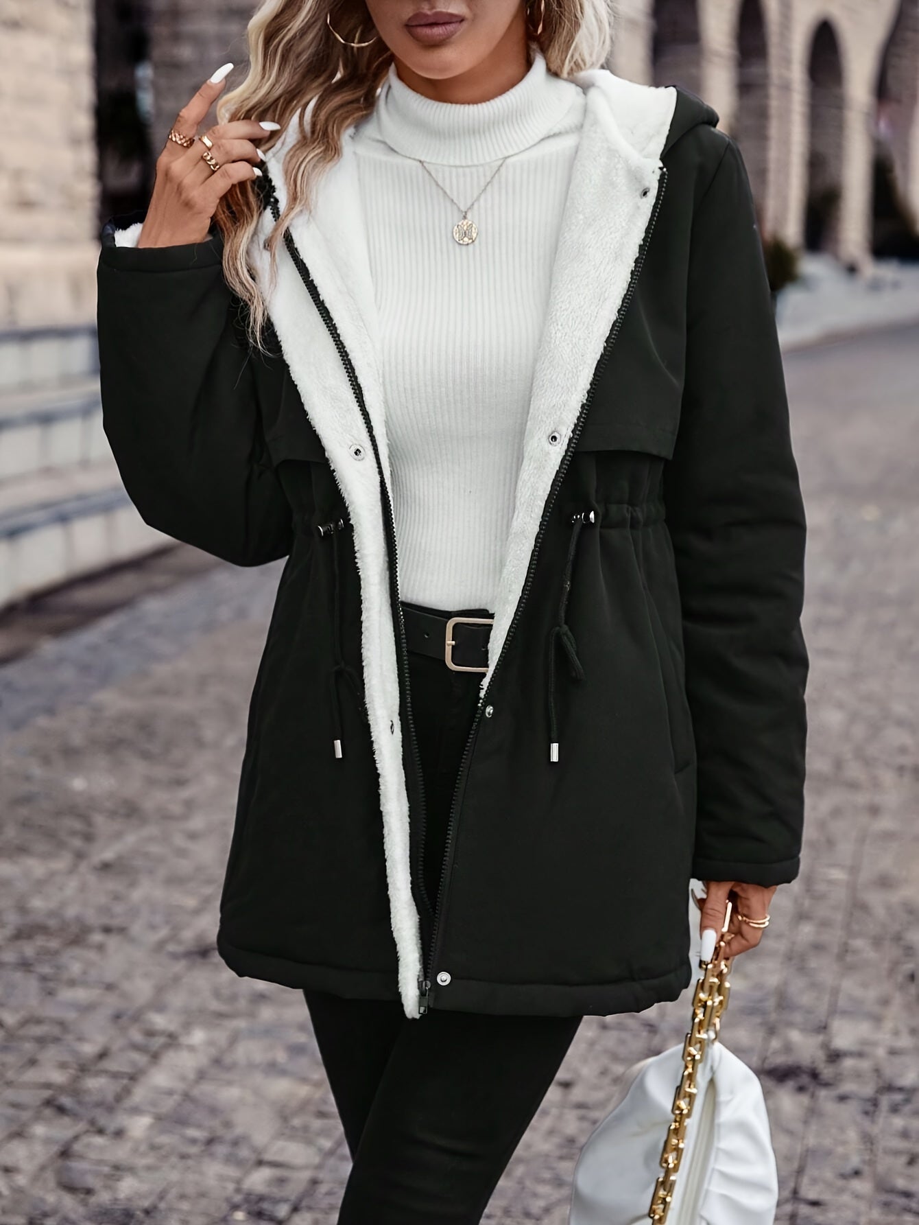 [Cozy Fleece-Lined Winter Coat] Warm, Thick Women's Cozy Fleece-Lined Hooded Winter Coat | Zip-Up Hood & Drawstring Waist | Black, Perfect for Cold Weather, Winter Jacket