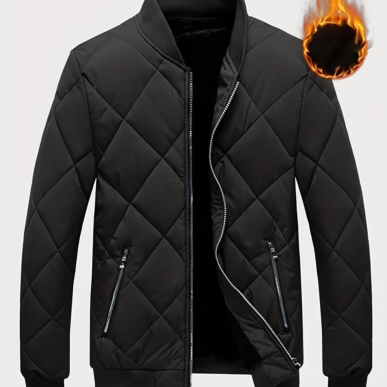 Cozy Fleece Winter Jacket - Quilted, Baseball Collar, Zipper Pockets, Water-Resistant, Breathable, Soft, Men's Casual Coat for Outdoor Activities