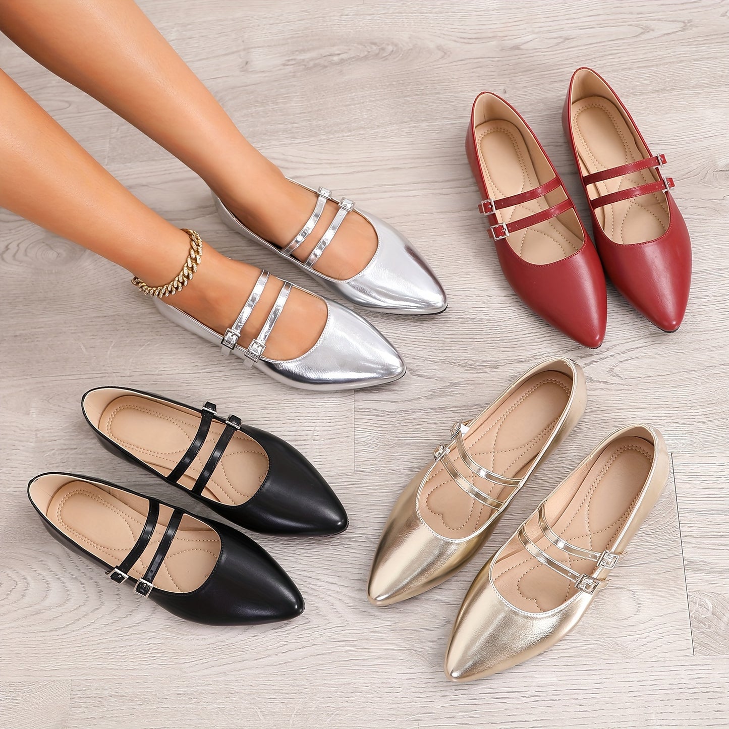 Pointed Red Single Shoes for Women Mary Jane Flat Versatile Retro Soft Cover with One-Word Buckle and Airy Choker Light Mouth Golden French Women's Shoes