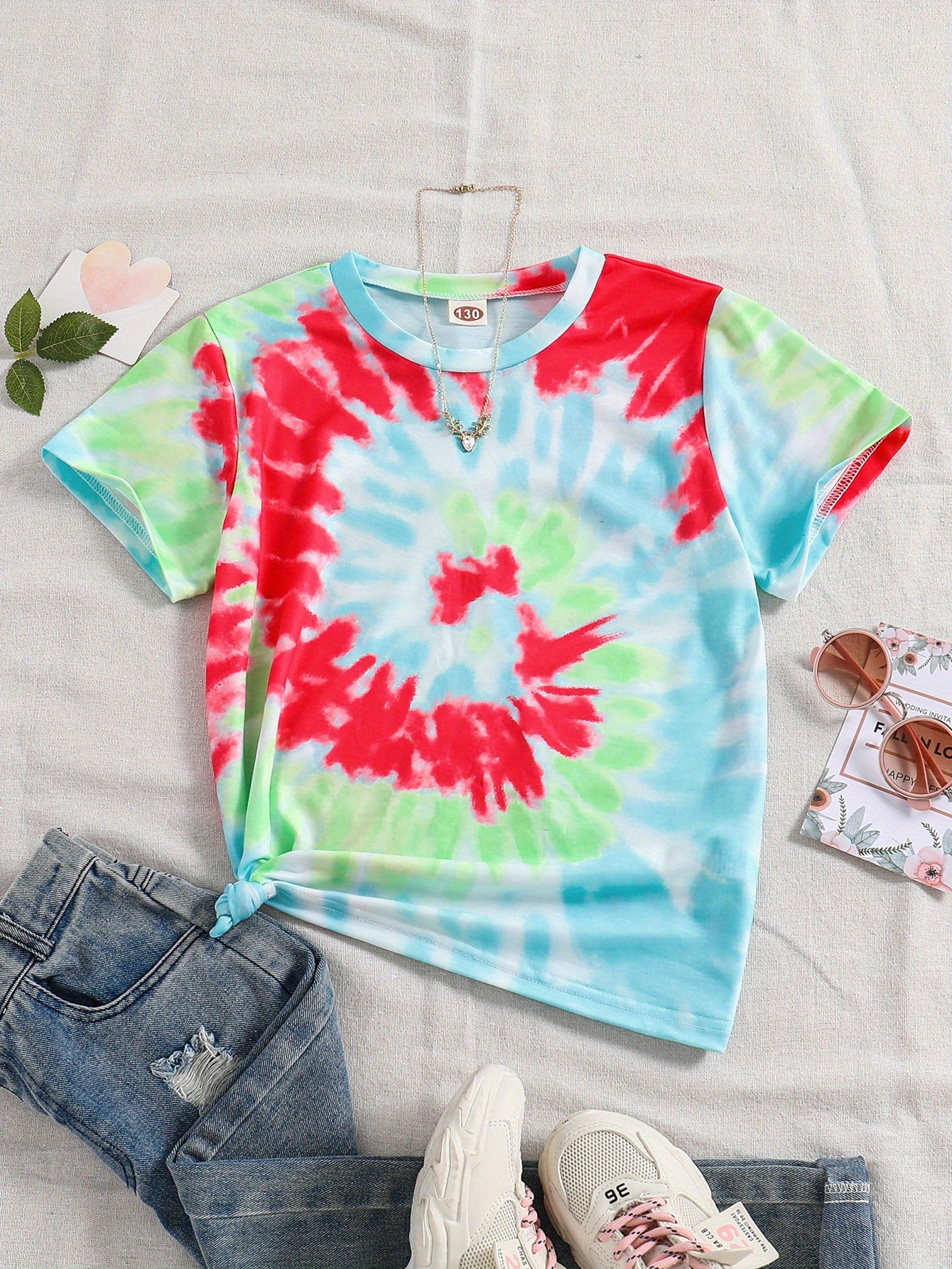 Vibrant Girls' Tie-Dye Graphic Crew Neck T-Shirt - Soft, Lightweight, and Comfortable Fit for Kids - Perfect Summer Tops Clothing for Casual Wear
