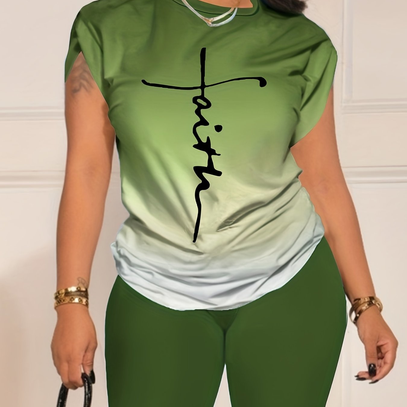 Casual Daily Two-piece Set, Faith Letter Print Short Sleeve Tops & Solid Shorts Outfits, Women's Clothing