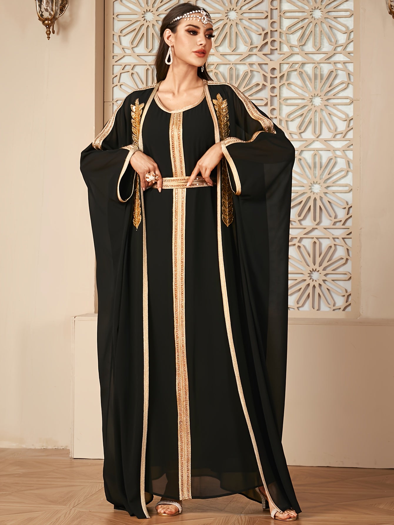 【Targeted】Middle East New Arrival Vest Dress + Open Cardigan Sequin Paneled Webbing Batwing Sleeve Long Robe Two-Piece Dress Set