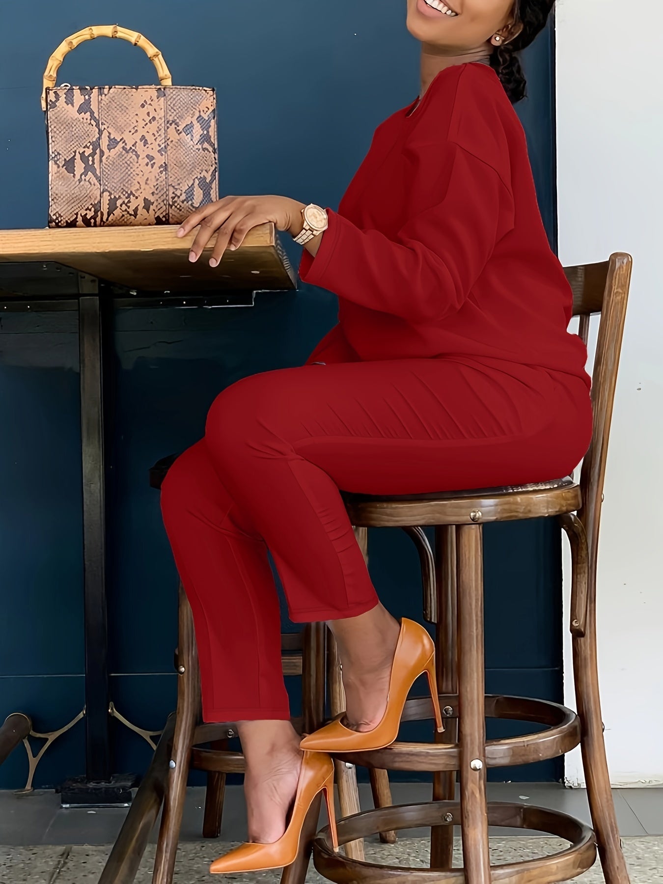 Solid Casual Two-piece Set, Crew Neck Long Sleeve Tops & Wide Leg Long Length Pants Outfits, Women's Clothing