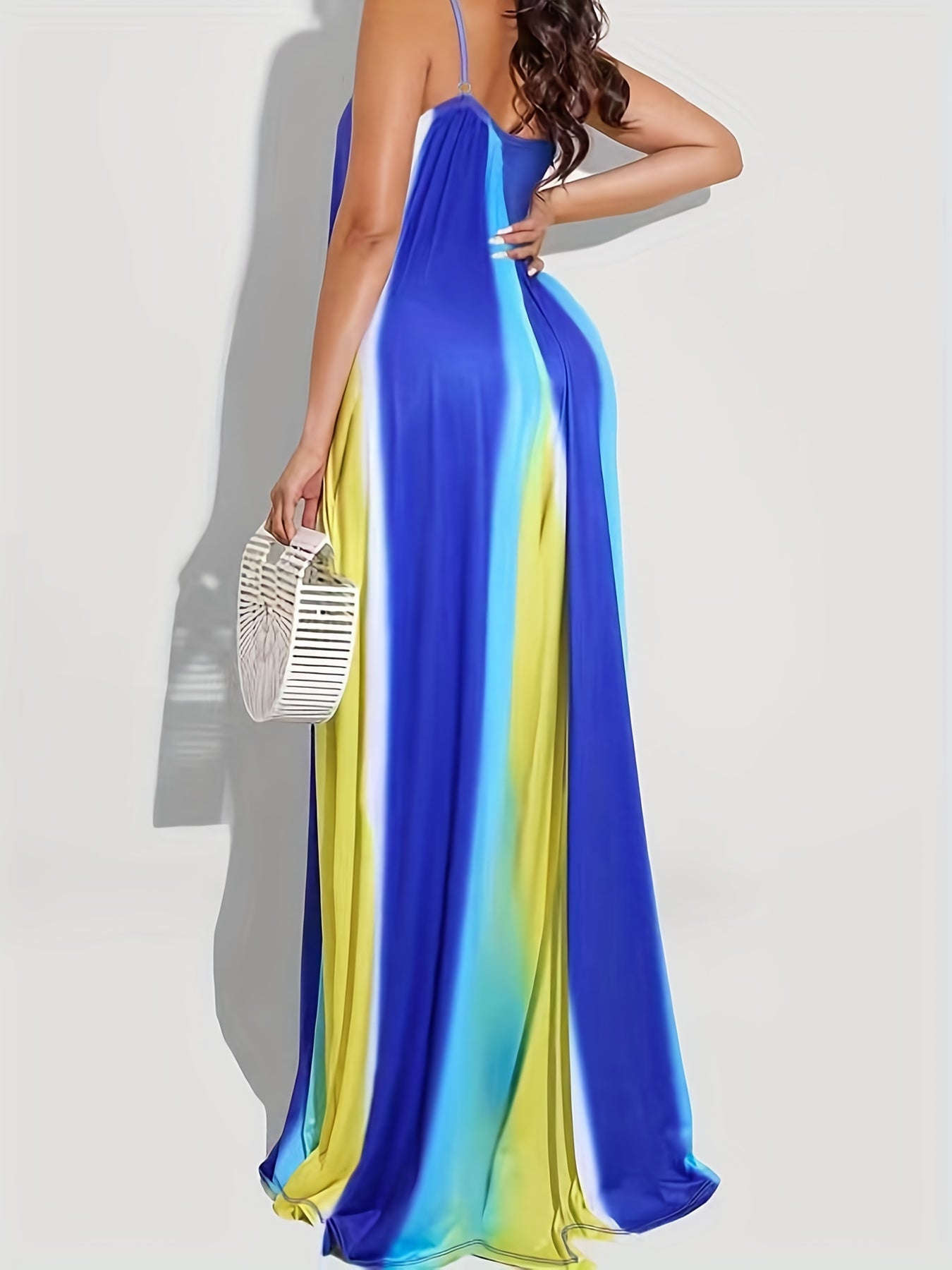 [Plus Size Maxi Dress] Elegant Plus Size Tie Dye V Neck Loose Cami Maxi Dress, Women's Slight Stretch Long Dress