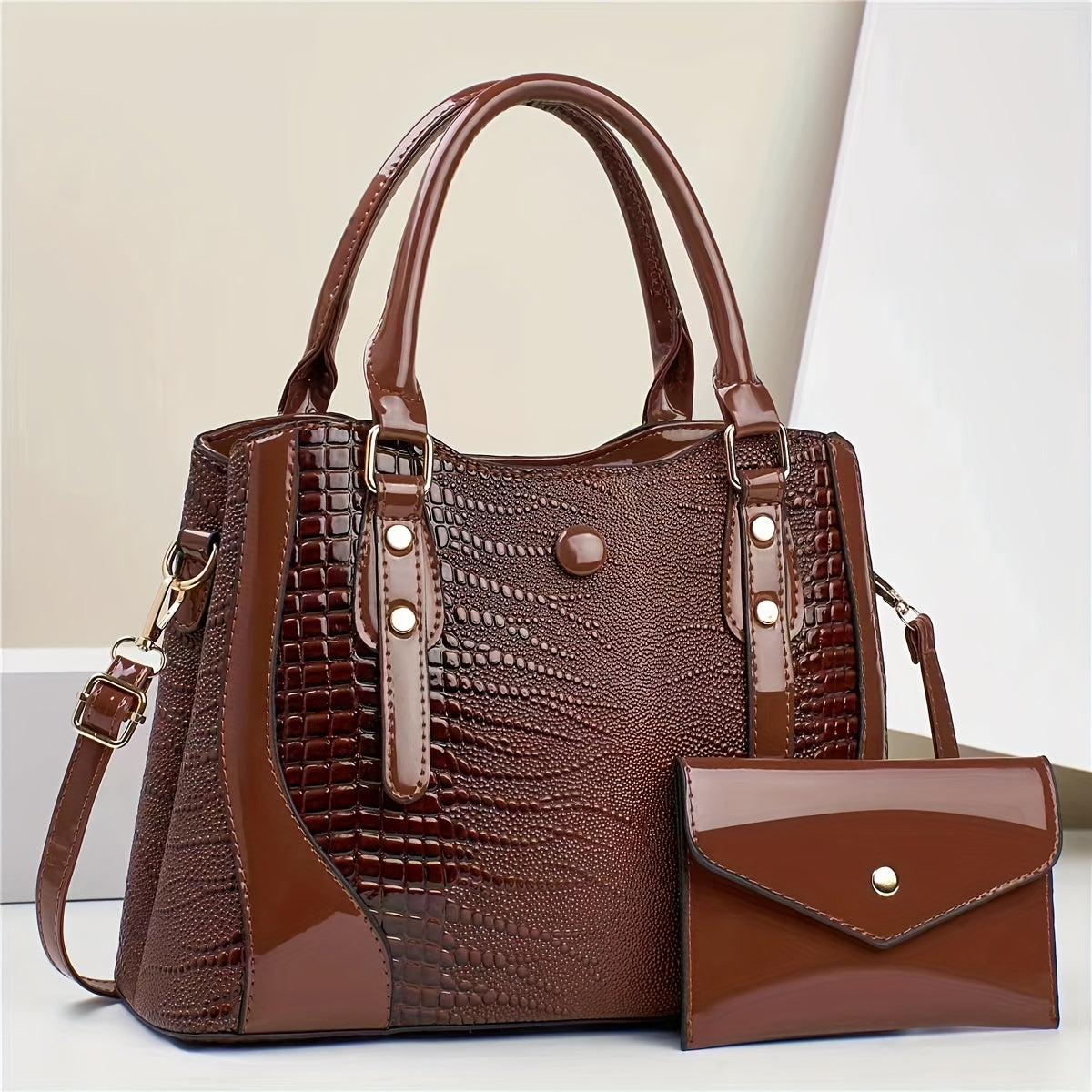 2-Piece Set Crocodile-Embossed PU Leather Handbags, Large Capacity Retro Style Bag, Fashionable Tote & Crossbody Bag For Women With Shoulder Strap