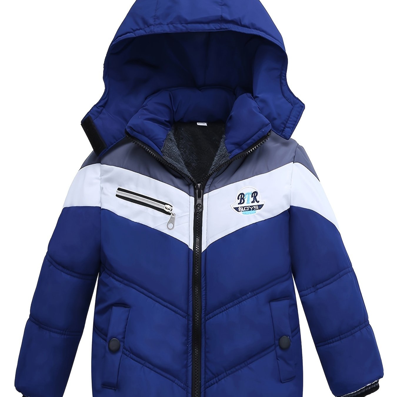 Stylish Blue & White Winter Jacket with "BR" Logo - Warm, Casual, Long-Sleeve Hooded Coat for Fall and Winter, Polyester Filled, Casual Winter Wear | Stylish Winter Jacket | Zippered Jacket