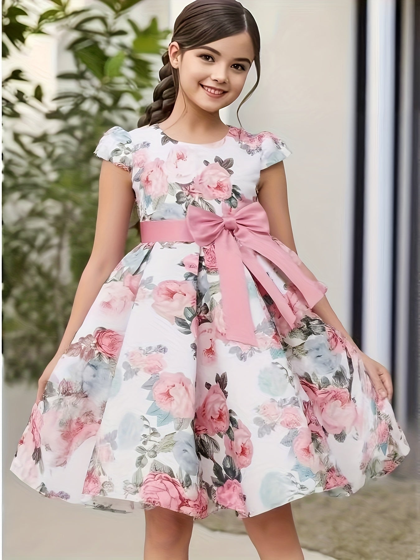 Children Eden Girls' Elegant Rose Floral Print A-Line Party Dress with Ruffled Short Sleeves & Ribbon Bow - Pink & Beige Floral Print, Slim-Fit Waist, Machine Washable, All-Season Wear for Weddings, Easter, Birthdays (Ages 3-
