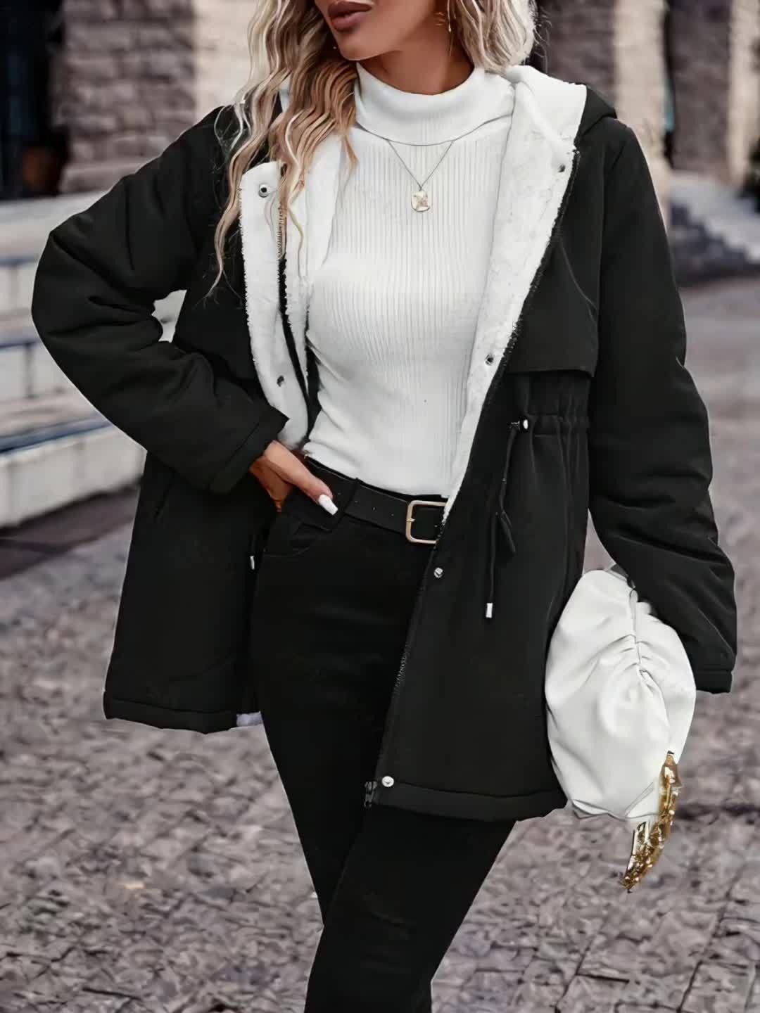 [Cozy Fleece-Lined Winter Coat] Warm, Thick Women's Cozy Fleece-Lined Hooded Winter Coat | Zip-Up Hood & Drawstring Waist | Black, Perfect for Cold Weather, Winter Jacket