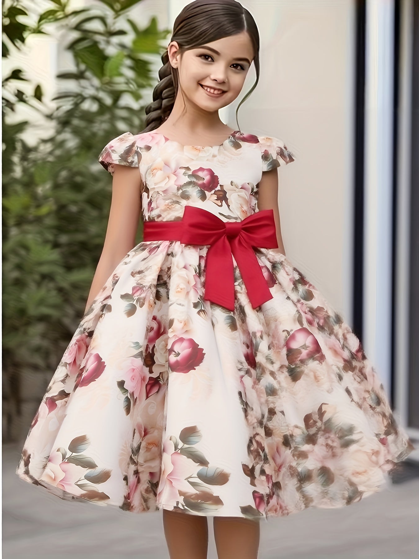 Children Eden Girls' Elegant Rose Floral Print A-Line Party Dress with Ruffled Short Sleeves & Ribbon Bow - Pink & Beige Floral Print, Slim-Fit Waist, Machine Washable, All-Season Wear for Weddings, Easter, Birthdays (Ages 3-