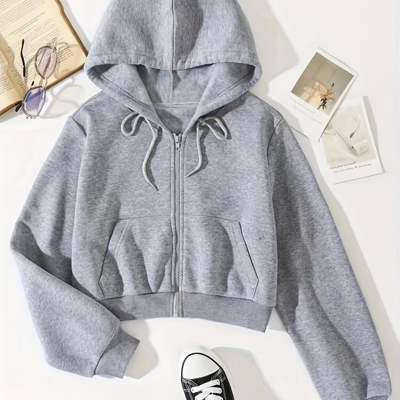 Thermal Lined Crop Hoodie - Solid Drawstring Zip Up Long Sleeve Pocket Front Sweatshirt - Women's Tops