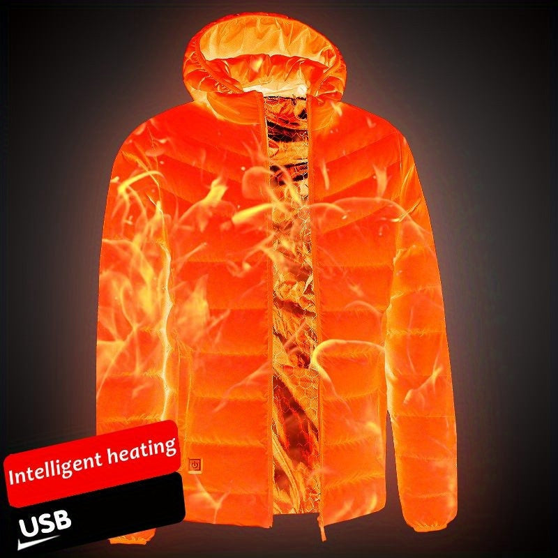 Men's Lightweight Heated Jacket - USB-Powered, Quilted Winter Coat with Adjustable Temperature Control, Zip-Up Hooded Design, Long Sleeves, Outdoor Warmth (Battery Not Included), Winter Jacket