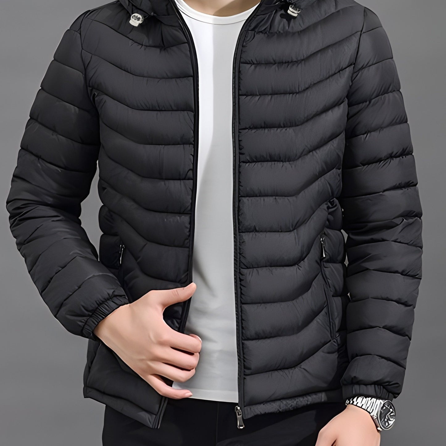Men's Elegant Hooded Winter Jacket - Warm, Windproof with Removable Hood & Zipper Pockets