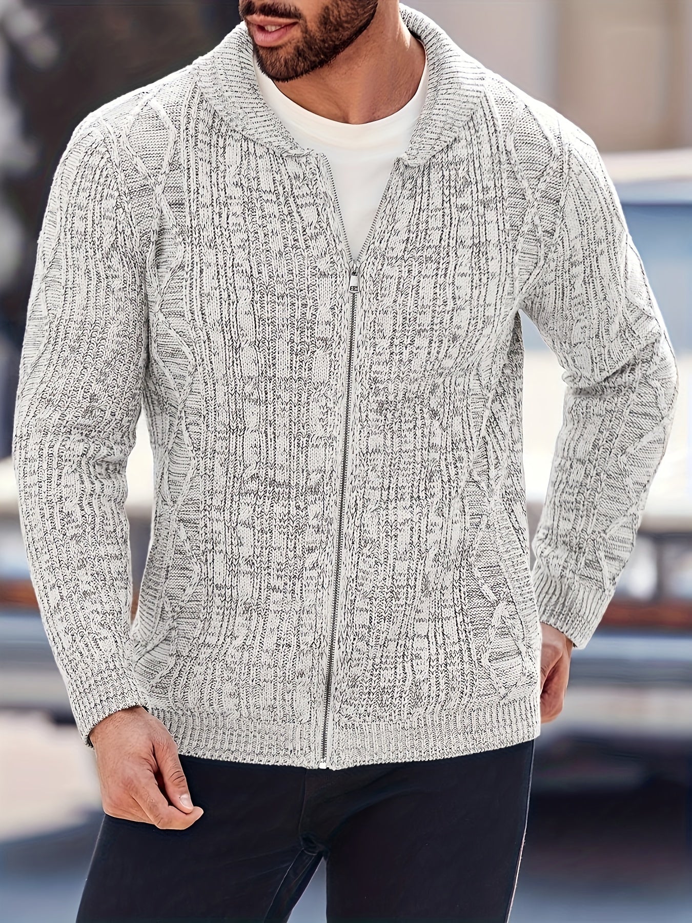 Mens Shawl Neck Cardigan Sweater Cable Knit Zip Up Closure with Pockets Winter Jacket Outerwear