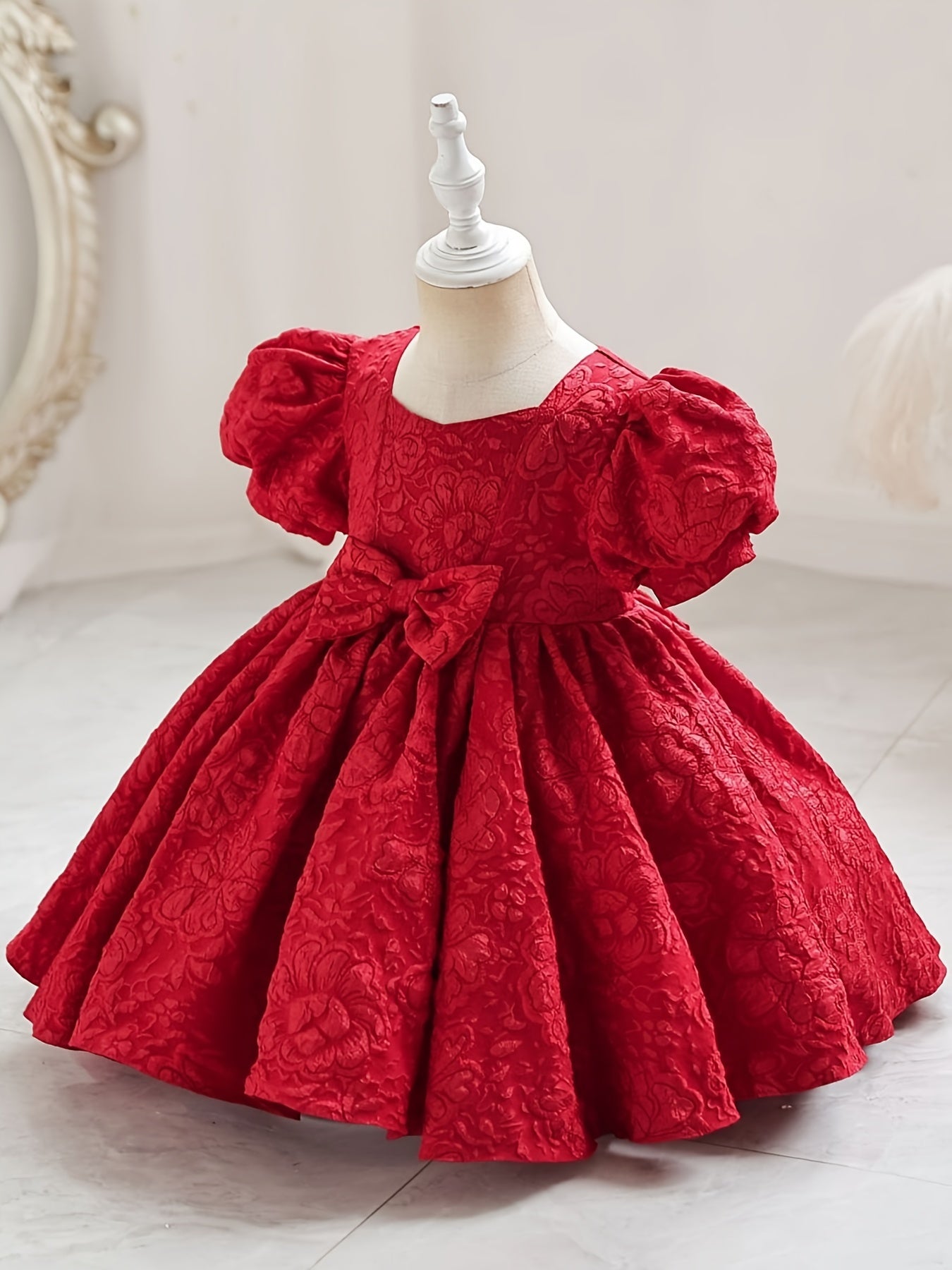 Elegant V-Neck Princess Dress for Girls - All-Season, Lantern Sleeves, Flared Hem & Cute Bow, Perfect for Parties, Pageants & Birthdays