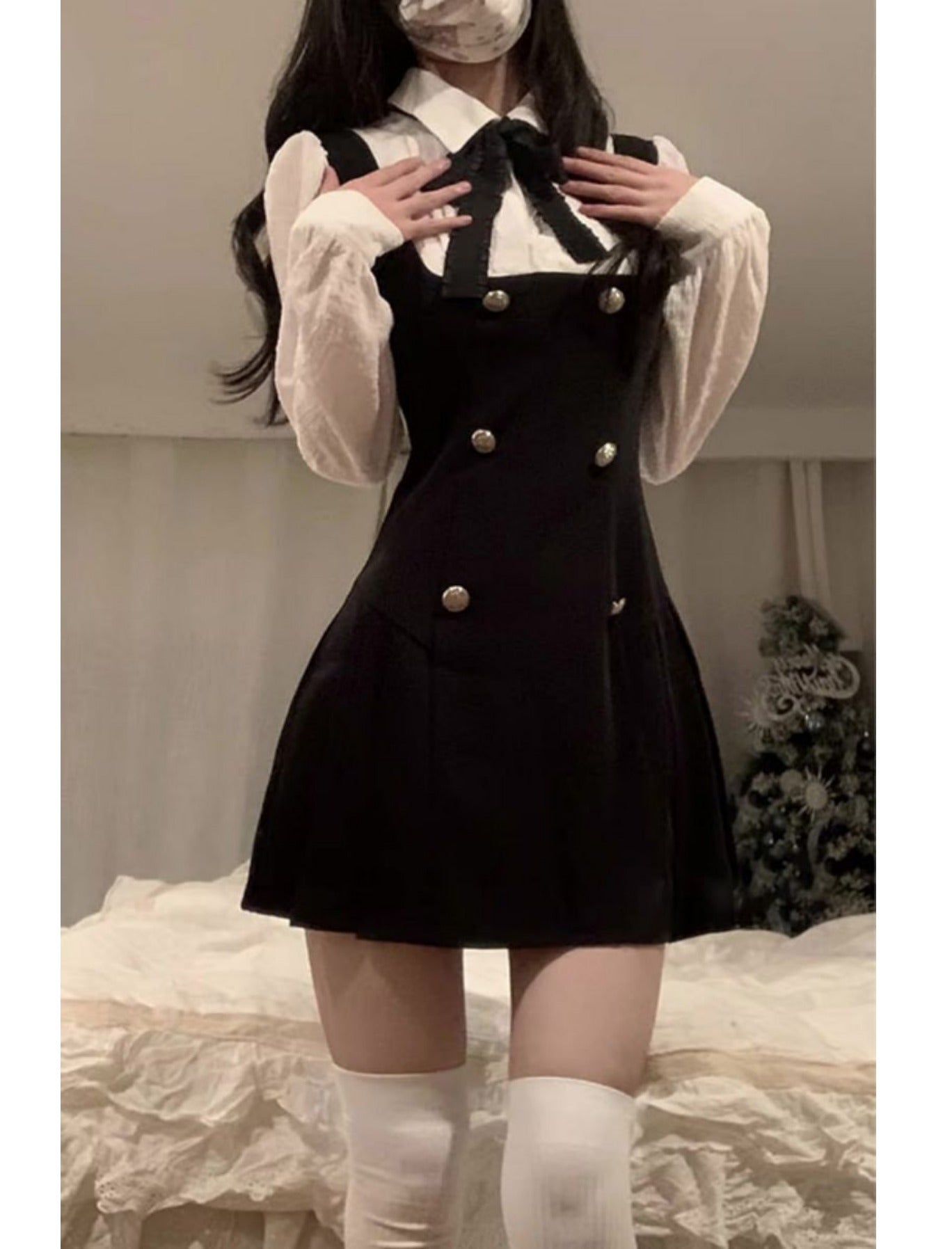 An elegant double-breasted A-line hem color clashing fake two-piece dress, bow tie neckline long-sleeved shirt dress, the fabric is comfortable, suitable for spring and autumn daily wear for various occasions, Women's clothin